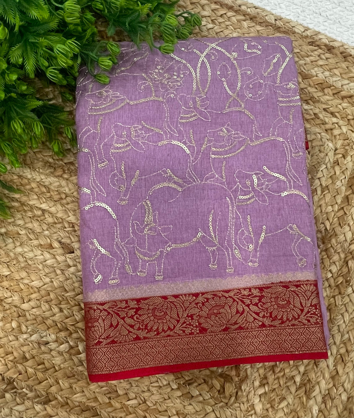Lavender n Red Tussur Crepe Sequence Work Saree 21