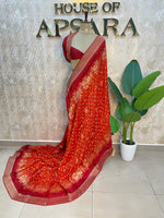Orange n Red Dola Silk Real Bandhini Saree 91