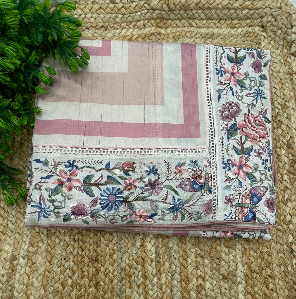 Beige n Pink Soft Tussur Petite Embroidery Saree 21