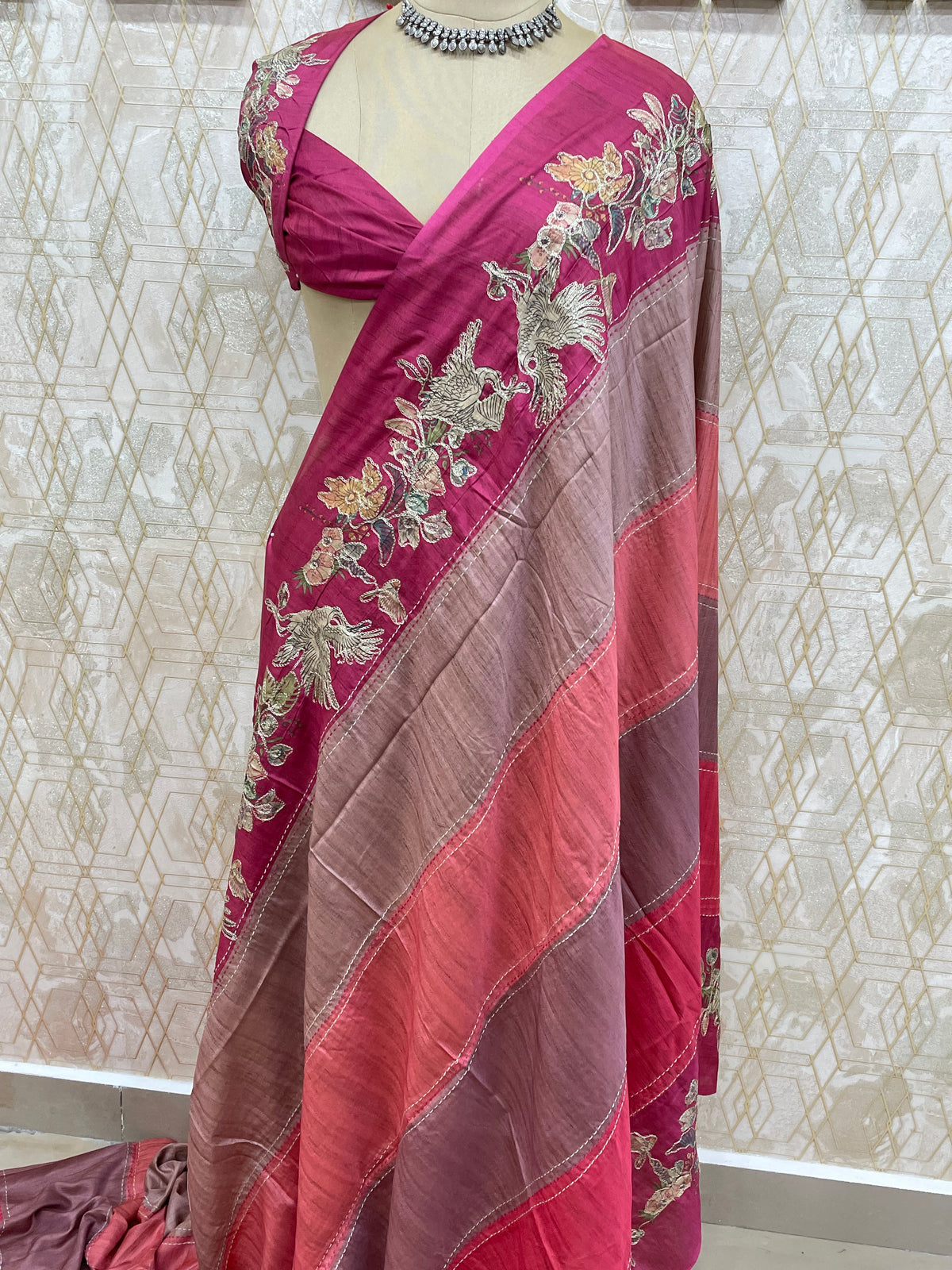 Pink Soft Tussur Aari Work Saree 38