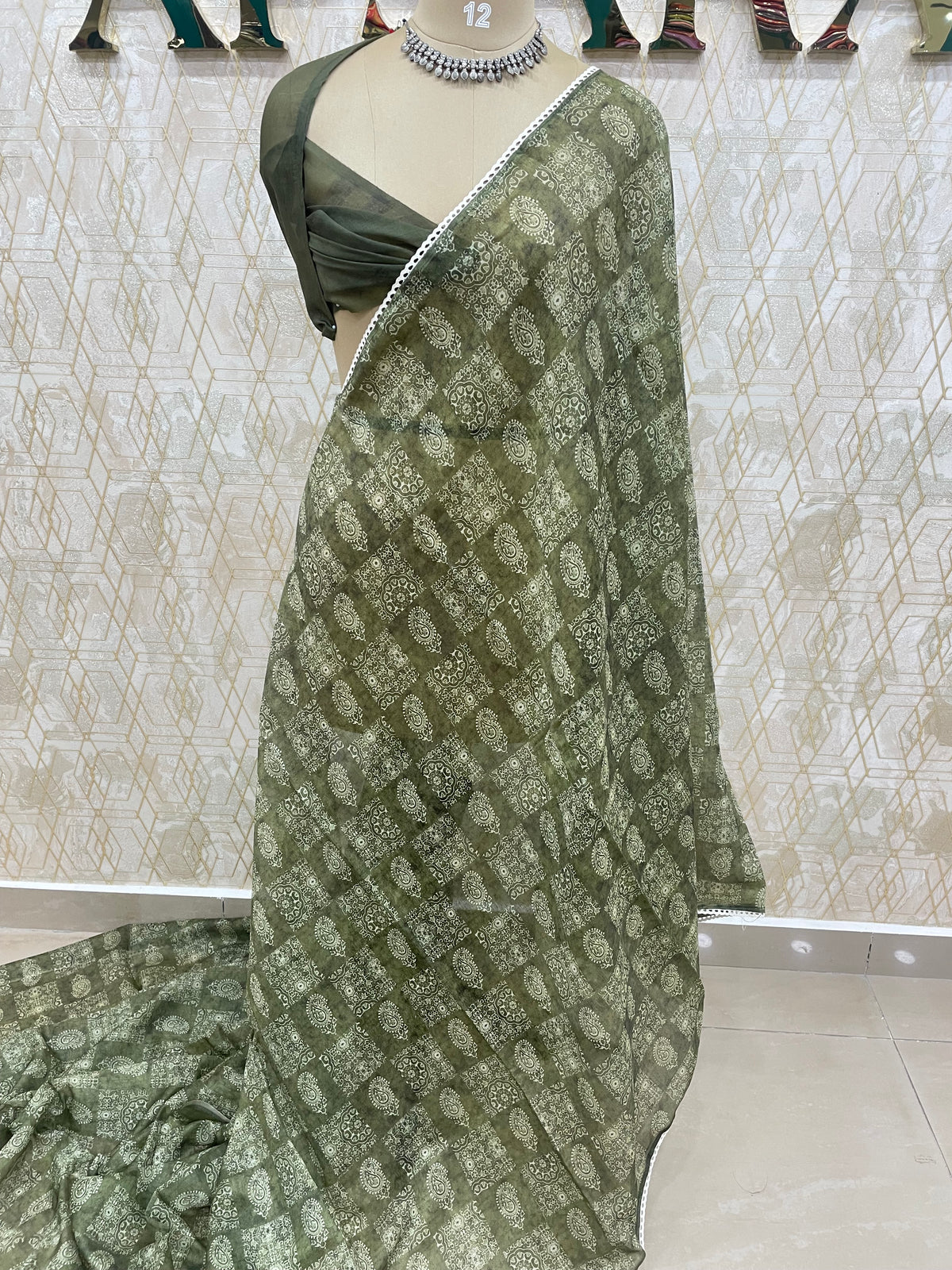 Olive Green Soft Cotton Block Print Saree 46
