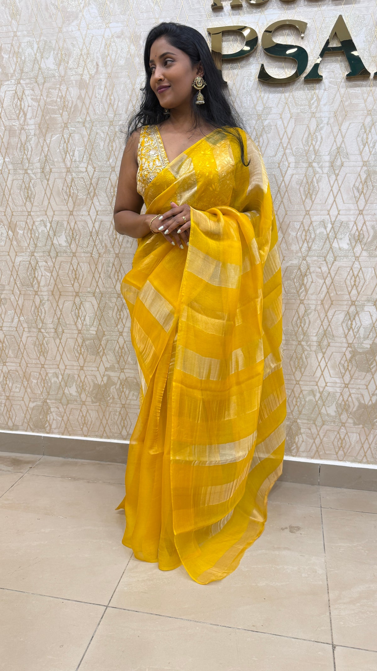 Yellow Pure Tissue Stripes Saree 11