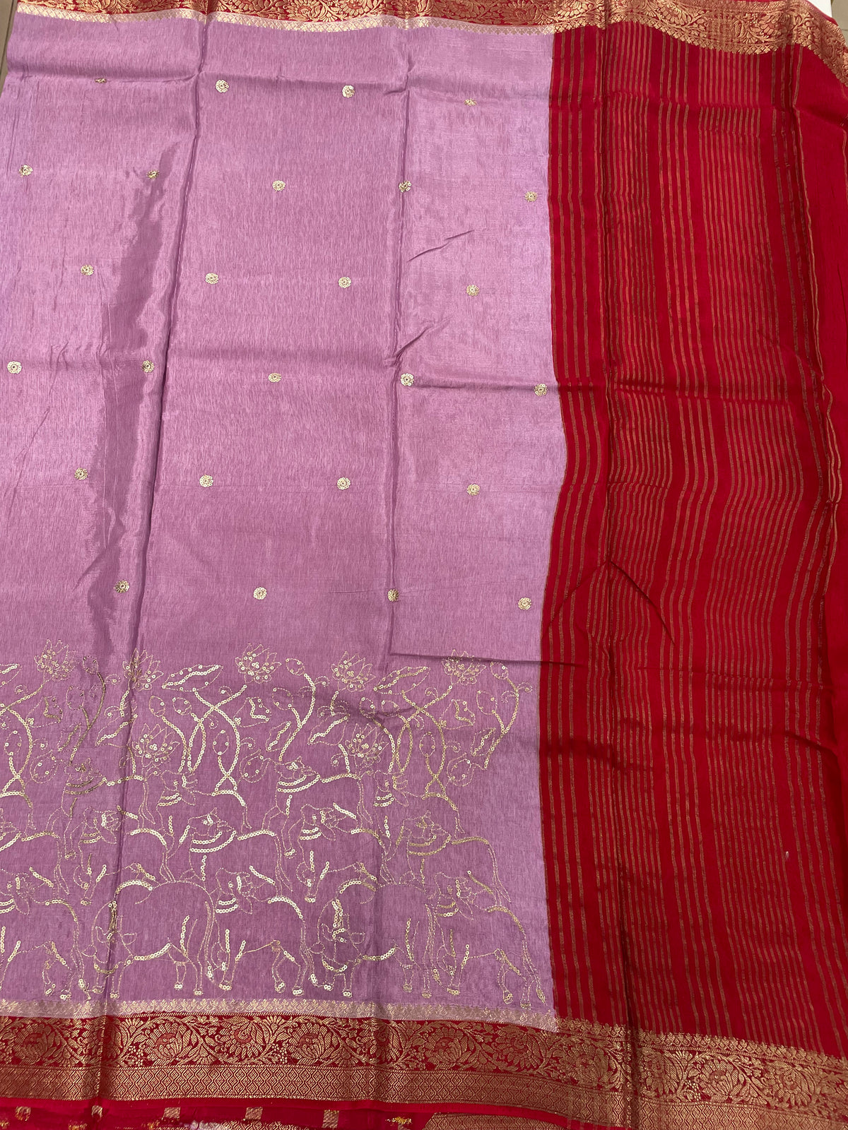 Lavender n Red Tussur Crepe Sequence Work Saree 21