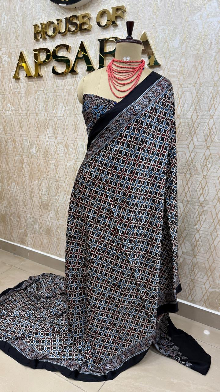 Black n Blue Pure Modal Silk Ajrak Print Saree 05