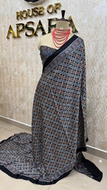 Black n Blue Pure Modal Silk Ajrak Print Saree 05