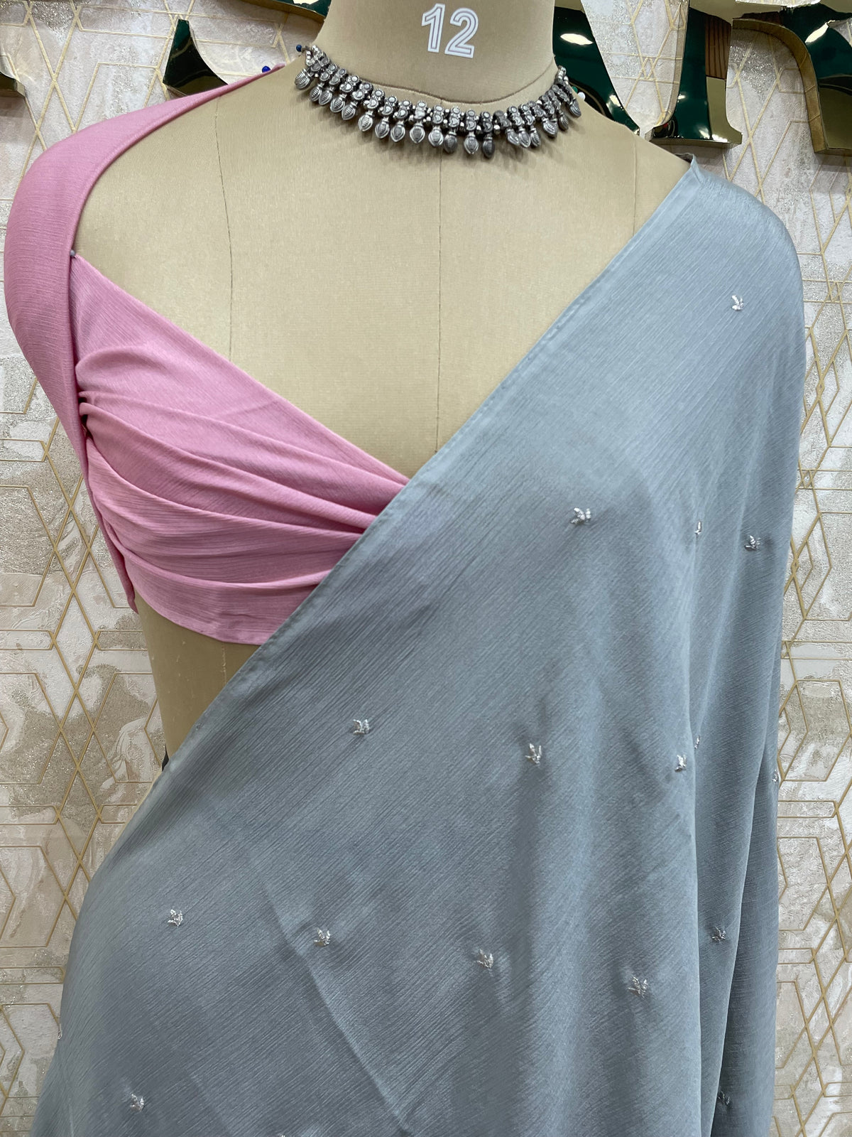 Grey Chinon Zari Embroidery Saree 44