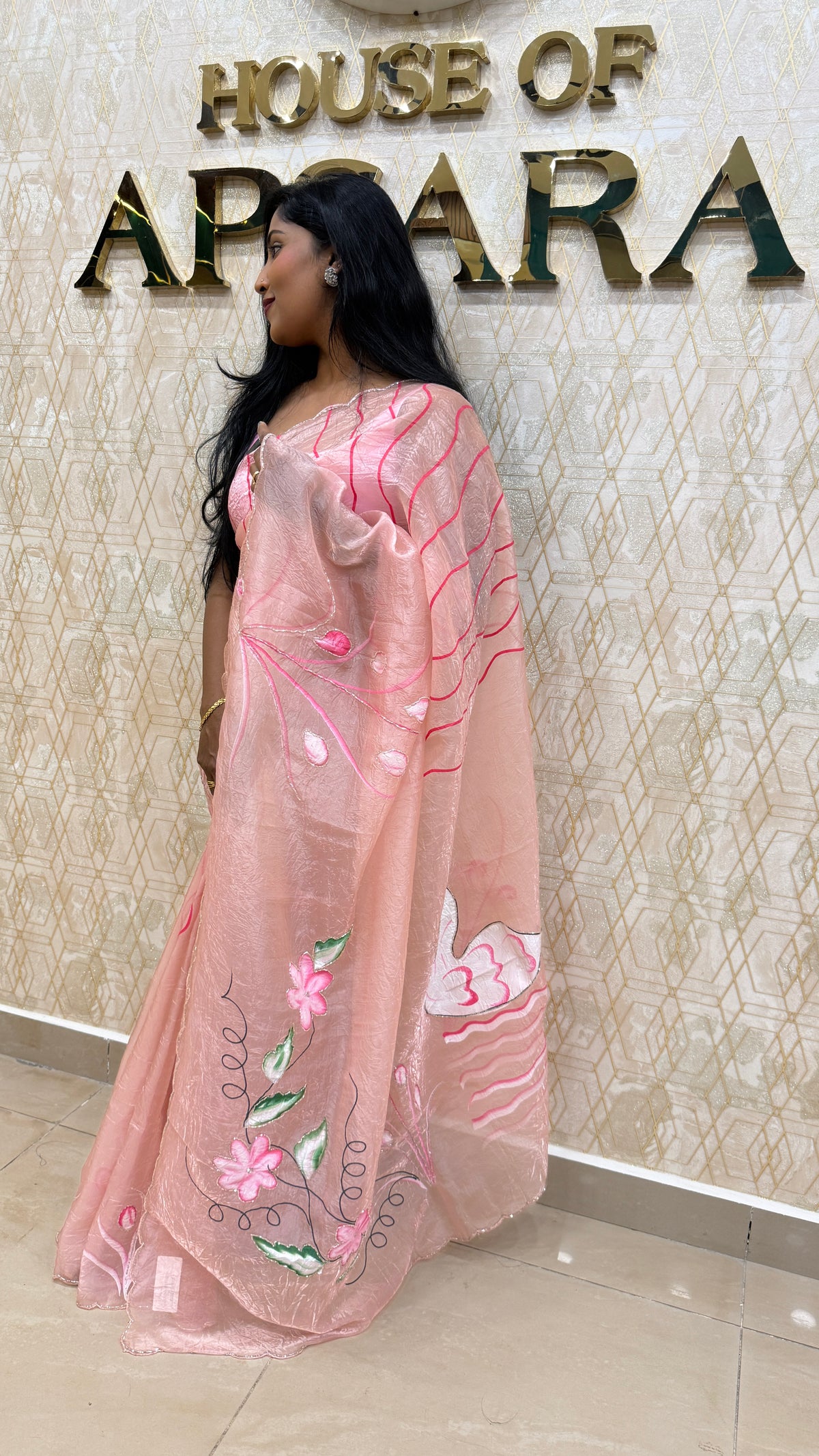 Baby Pink Crush Tissue Hand Painted Saree 27