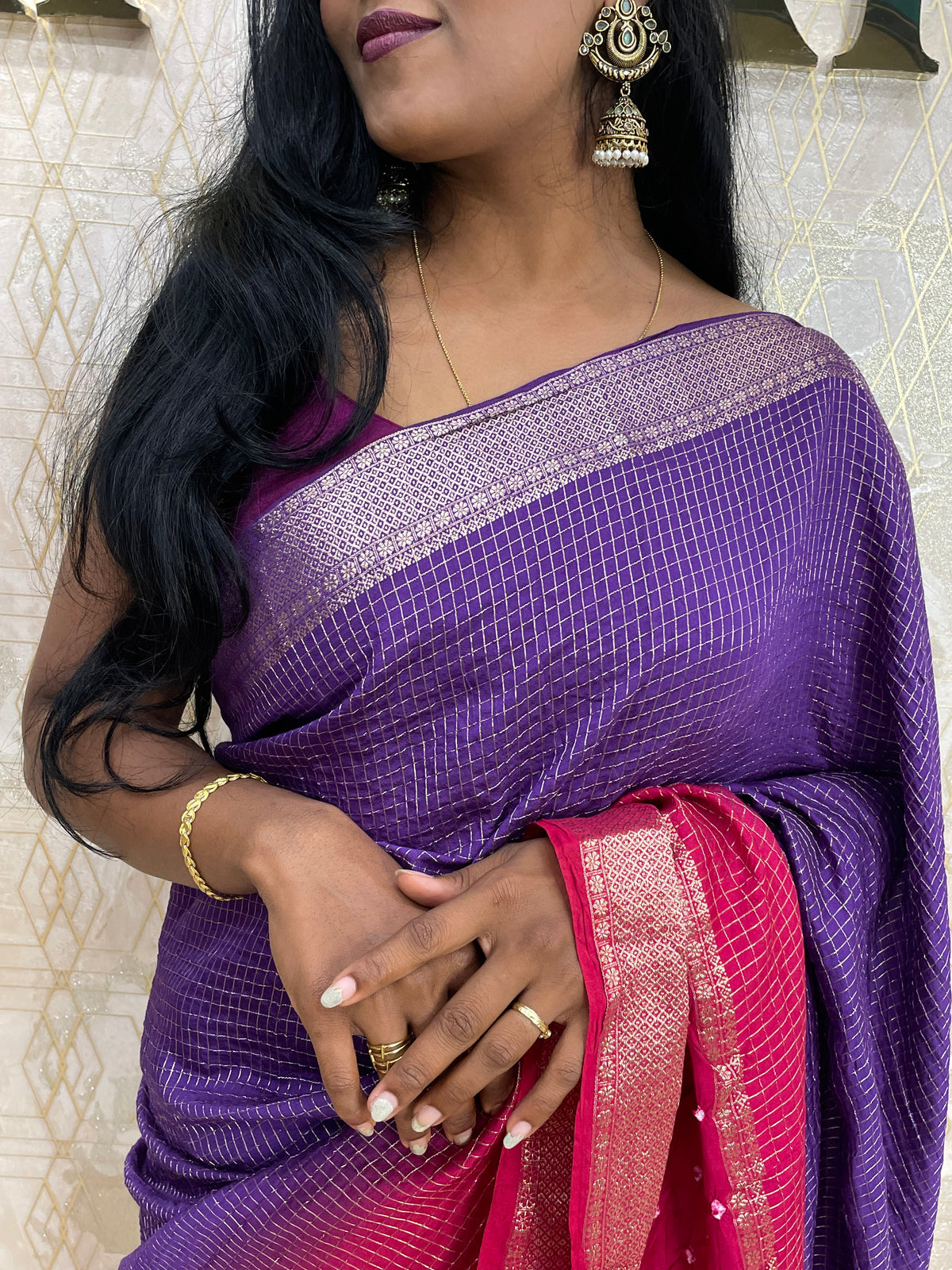 Purple n Pink Checks Cotton Silk Saree 13