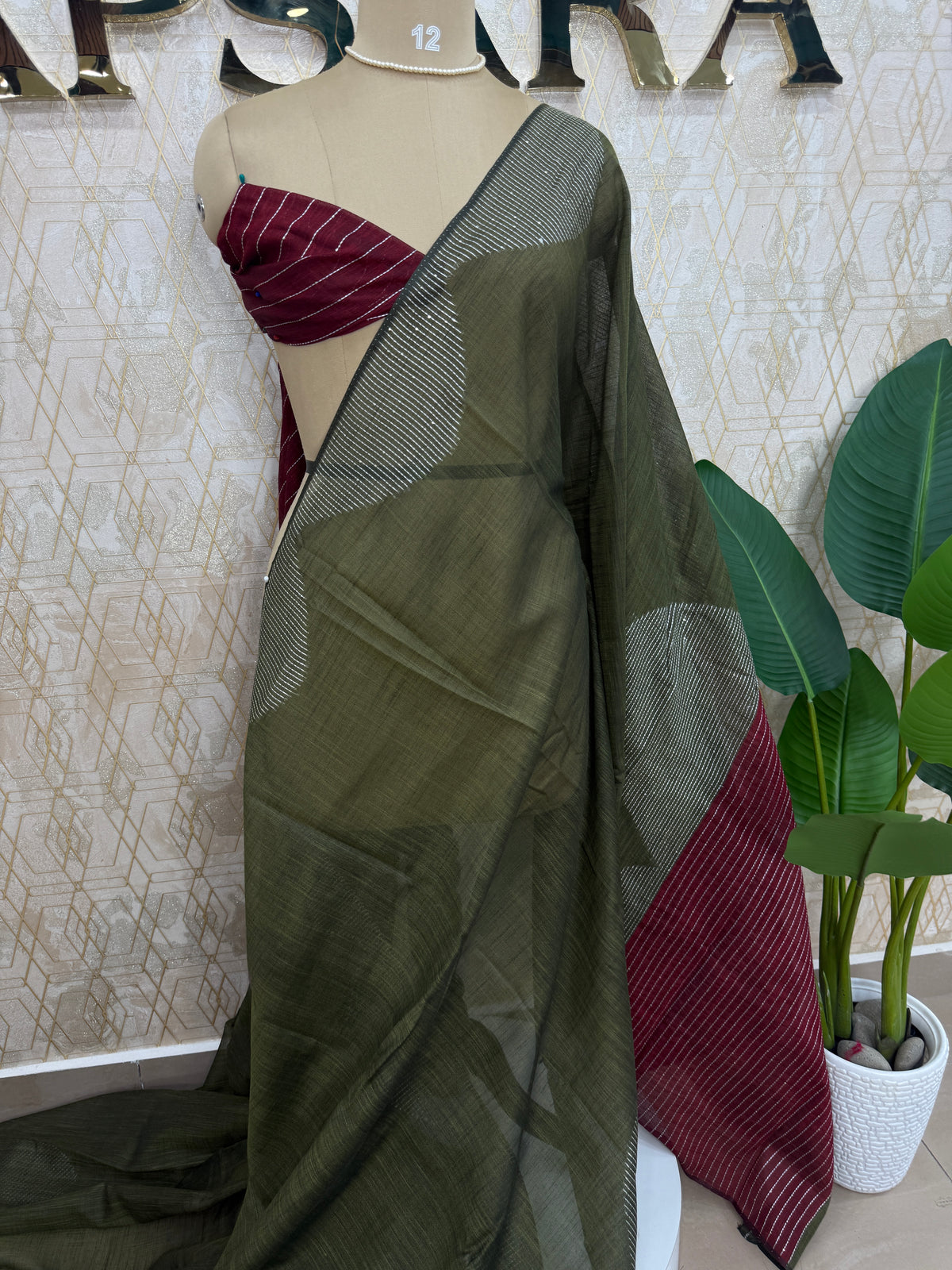 Olive Green Linen Cotton Saree 303