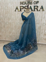 Peacock Blue Mul Cotton Kalamkari Print Saree 53