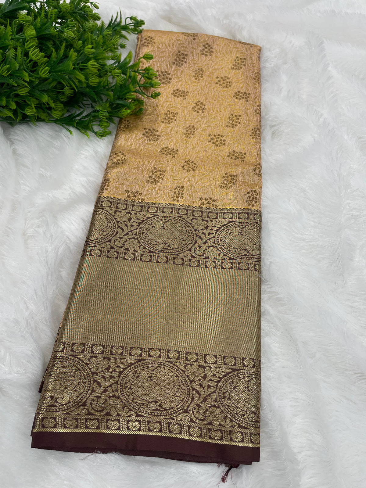 Gold n Brown Brocade Semi Kanchi Tissue Saree