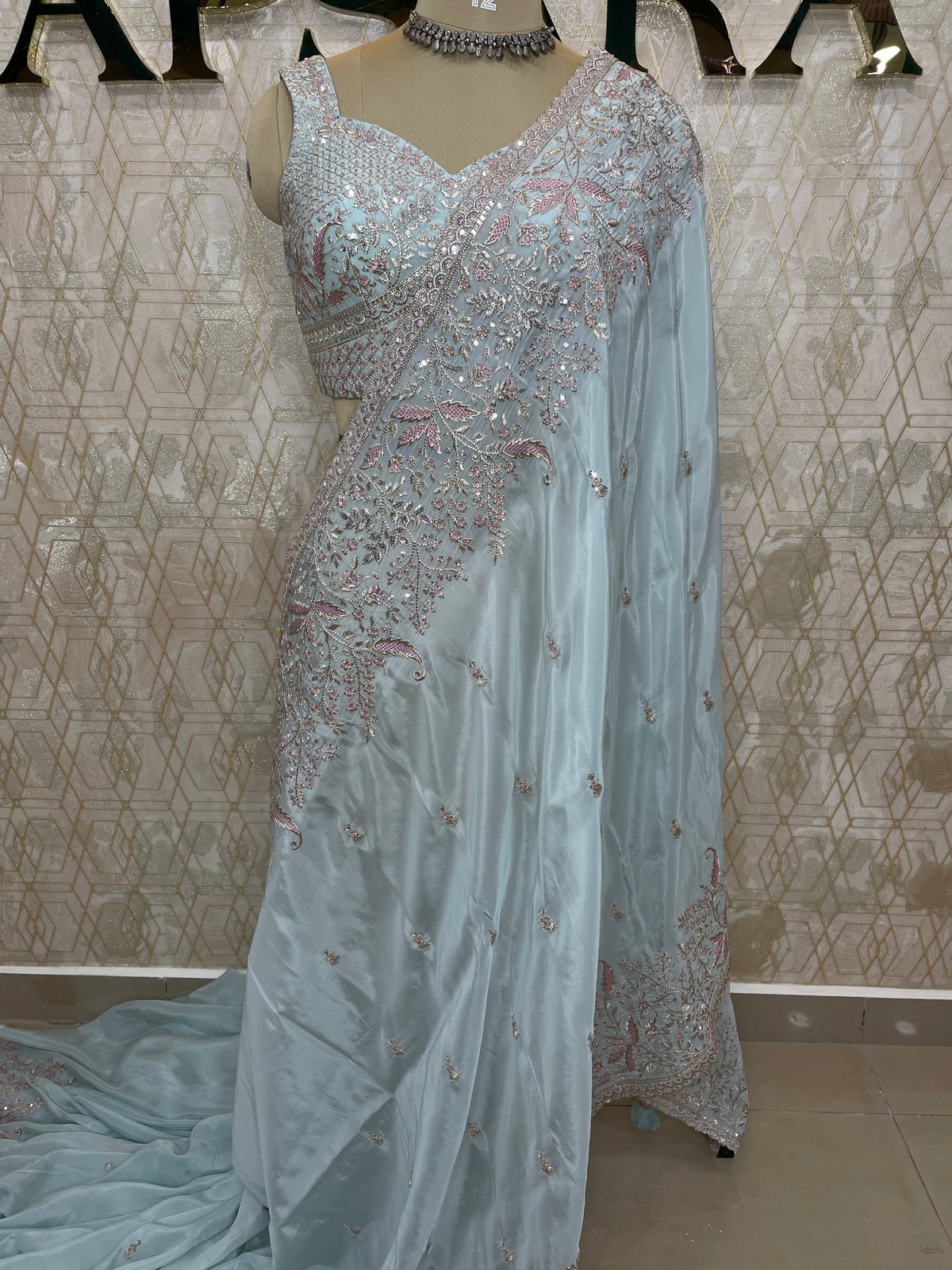Sky Blue Handwork Stitched Blouse Designer Party Saree 55