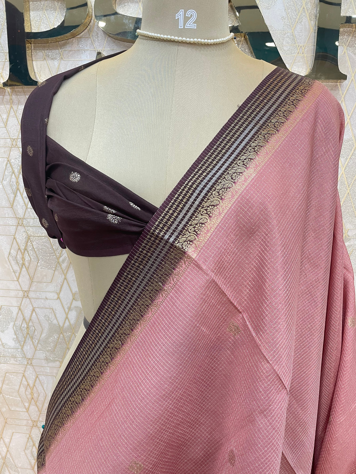 Baby Pink Checks Cotton Silk Saree 13