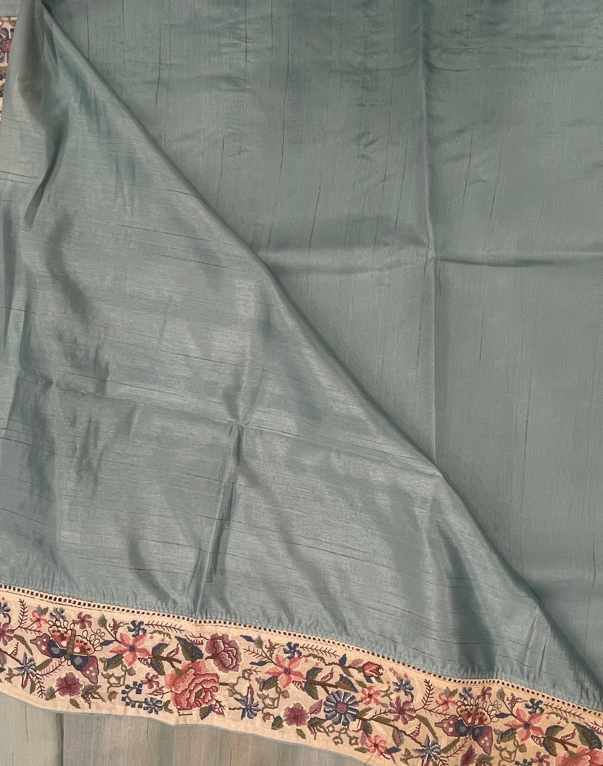 Beige n Blue Soft Tussur Petite Embroidery Saree 21