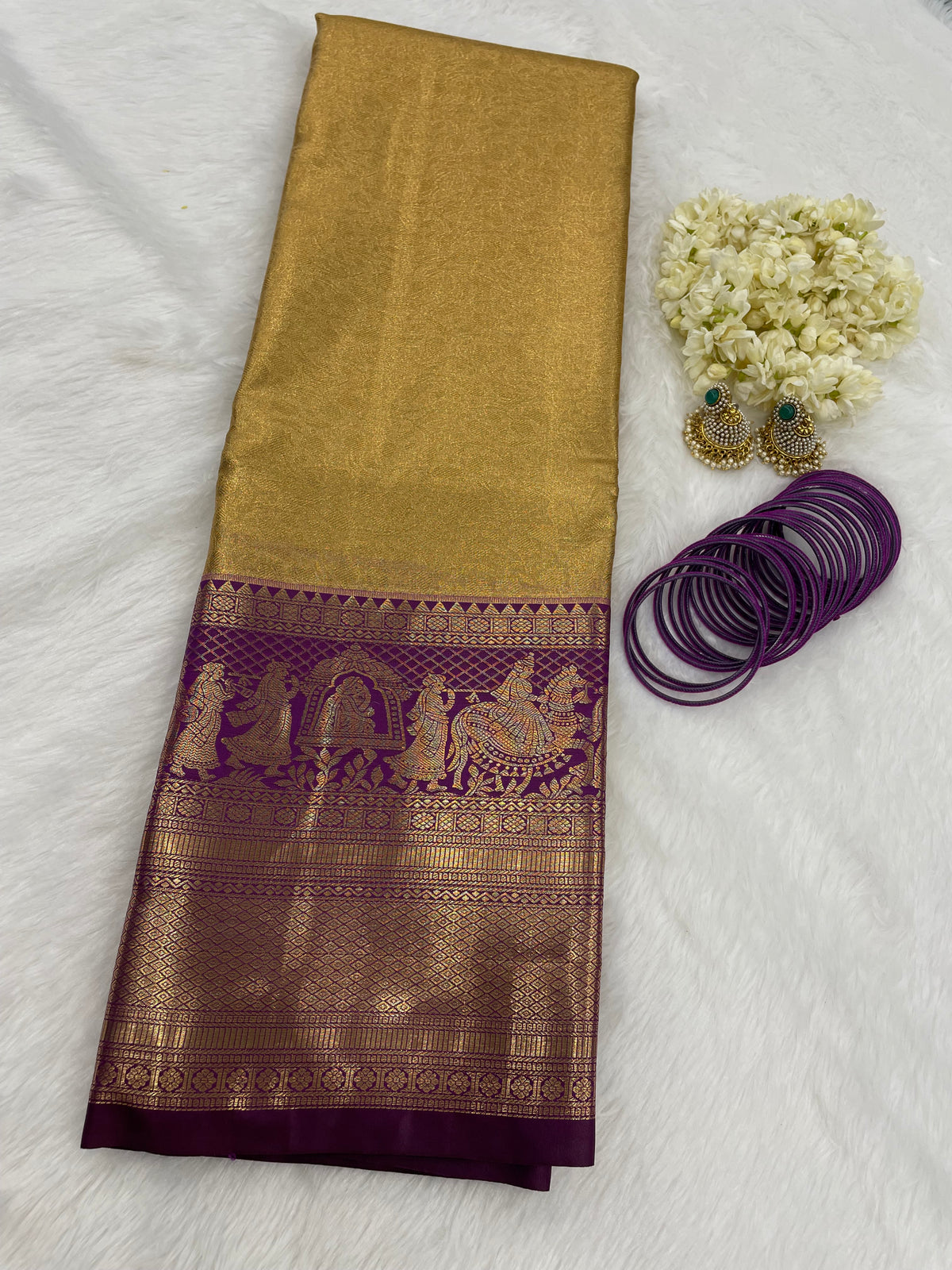 Gold n Purple Brocade Semi Kanchi Tissue Saree