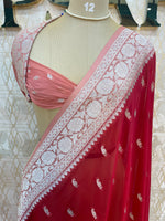 Red n Peach With Silver Zari Semi Chiffon