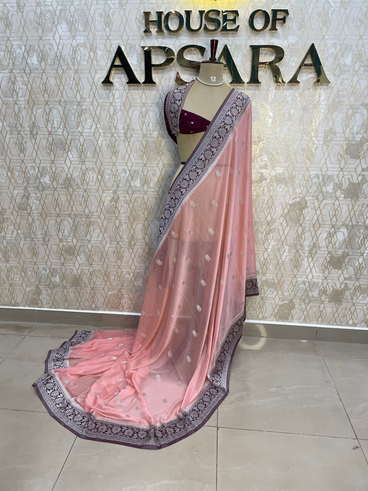 Peach With Silver Zari Semi Chiffon