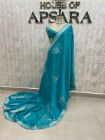 Rama Blue Chinnon Crepe Flamingo Saree