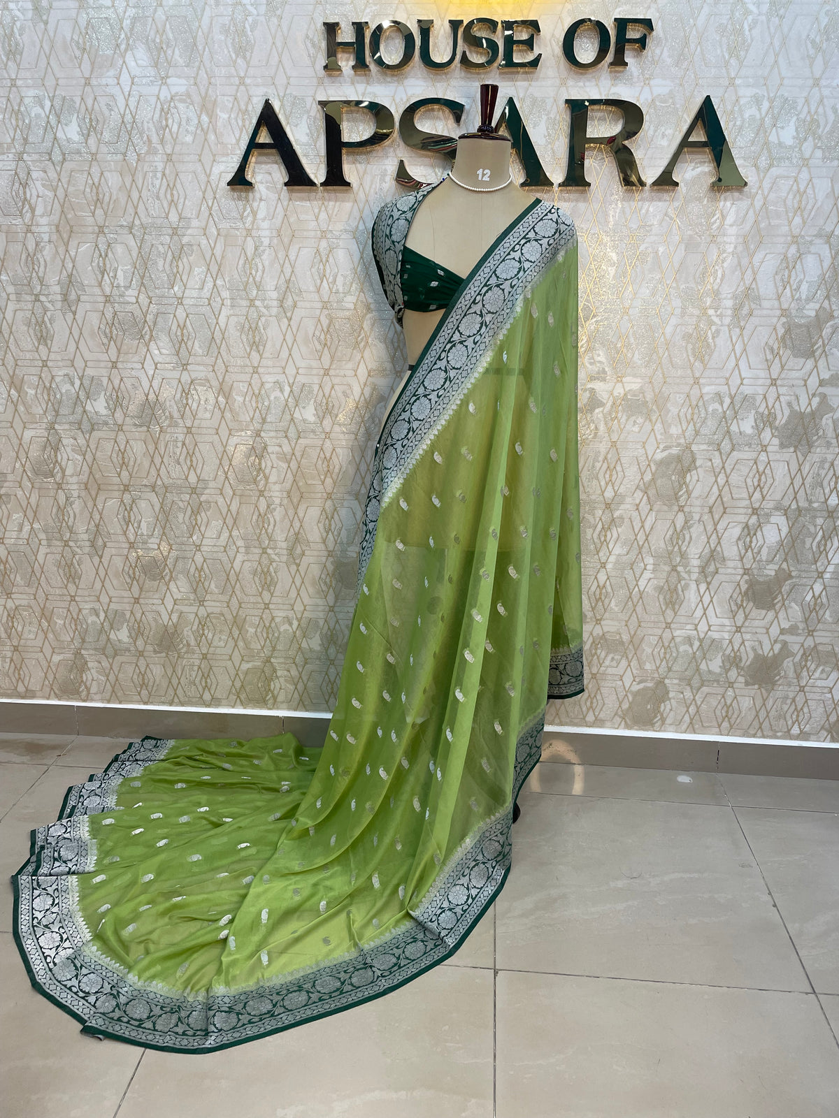 Pista Green With Silver Zari Semi Chiffon