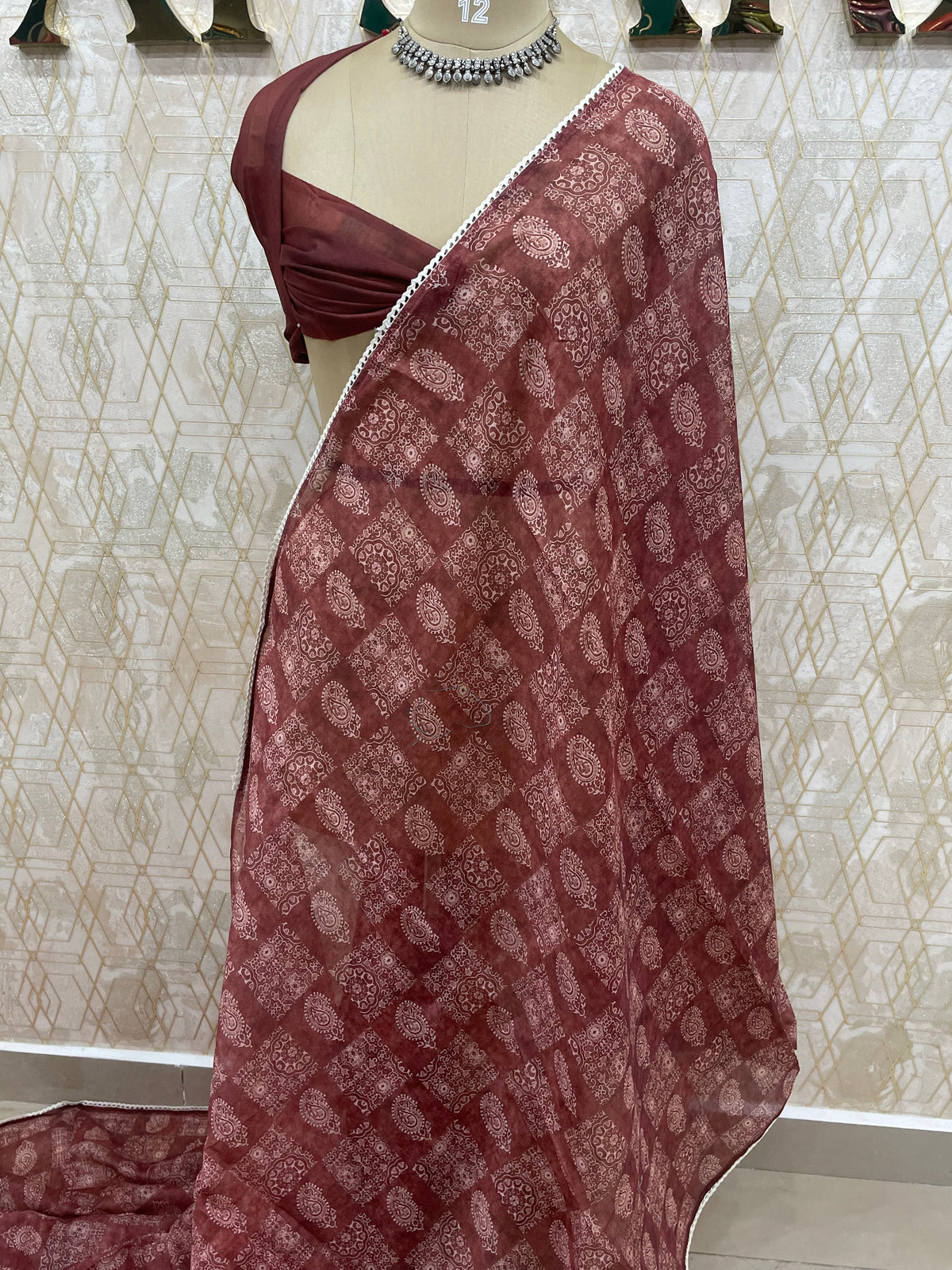 Rust Brown Soft Cotton Block Print Saree 46