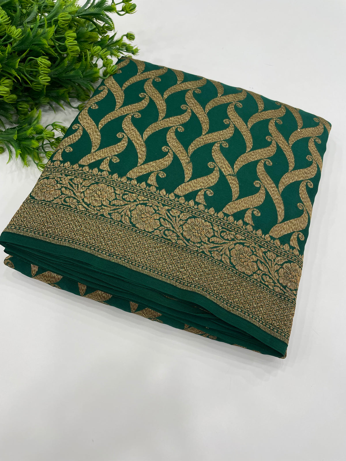 Bottle Green Pure Banarasi Crepe Self Saree 03
