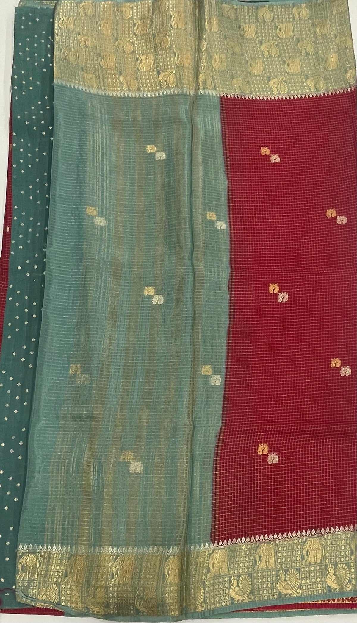 Red n Sky Blue Checks Cotton Silk Saree 13