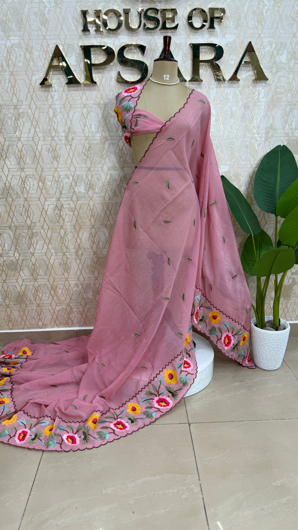 Pink Soft Crush Tissue Sunflower Embroidery Work Saree 301