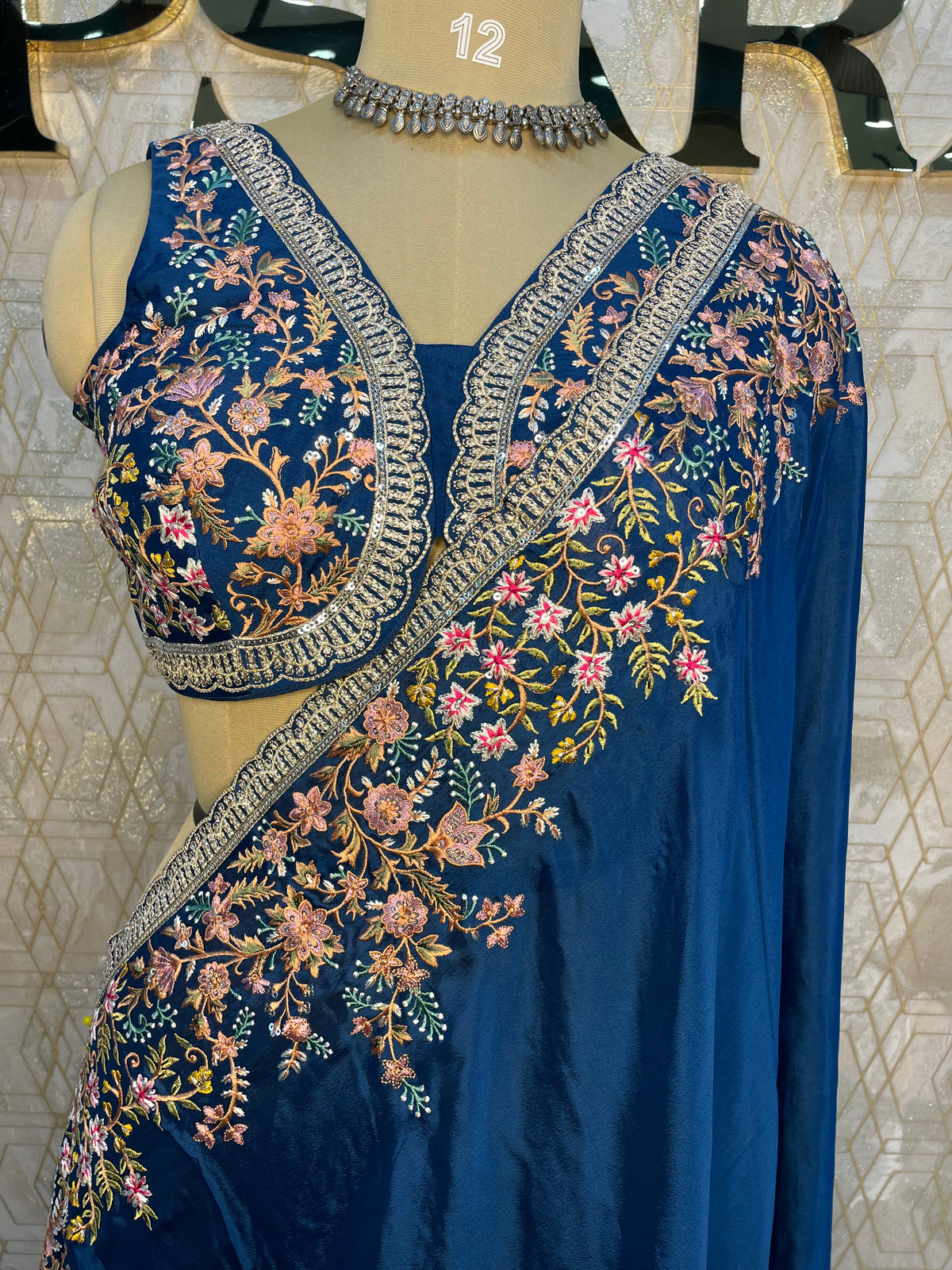 Blue Handwork Stitched Blouse Designer Party Saree 55