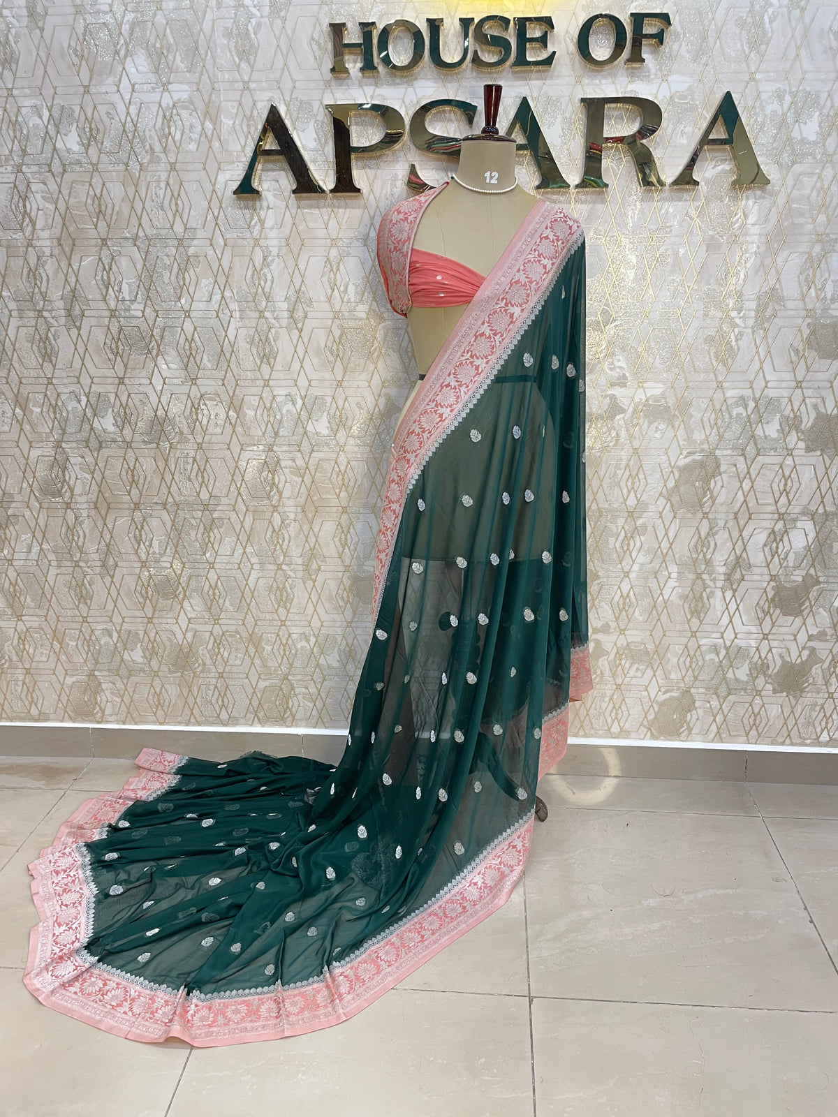 Bottle Green With Silver Zari Semi Chiffon