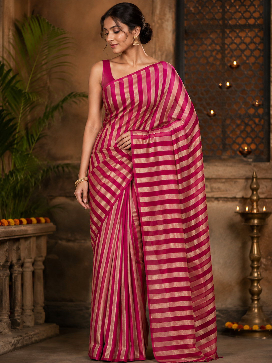 Dark Pink Pure Tissue Stripes Saree 11