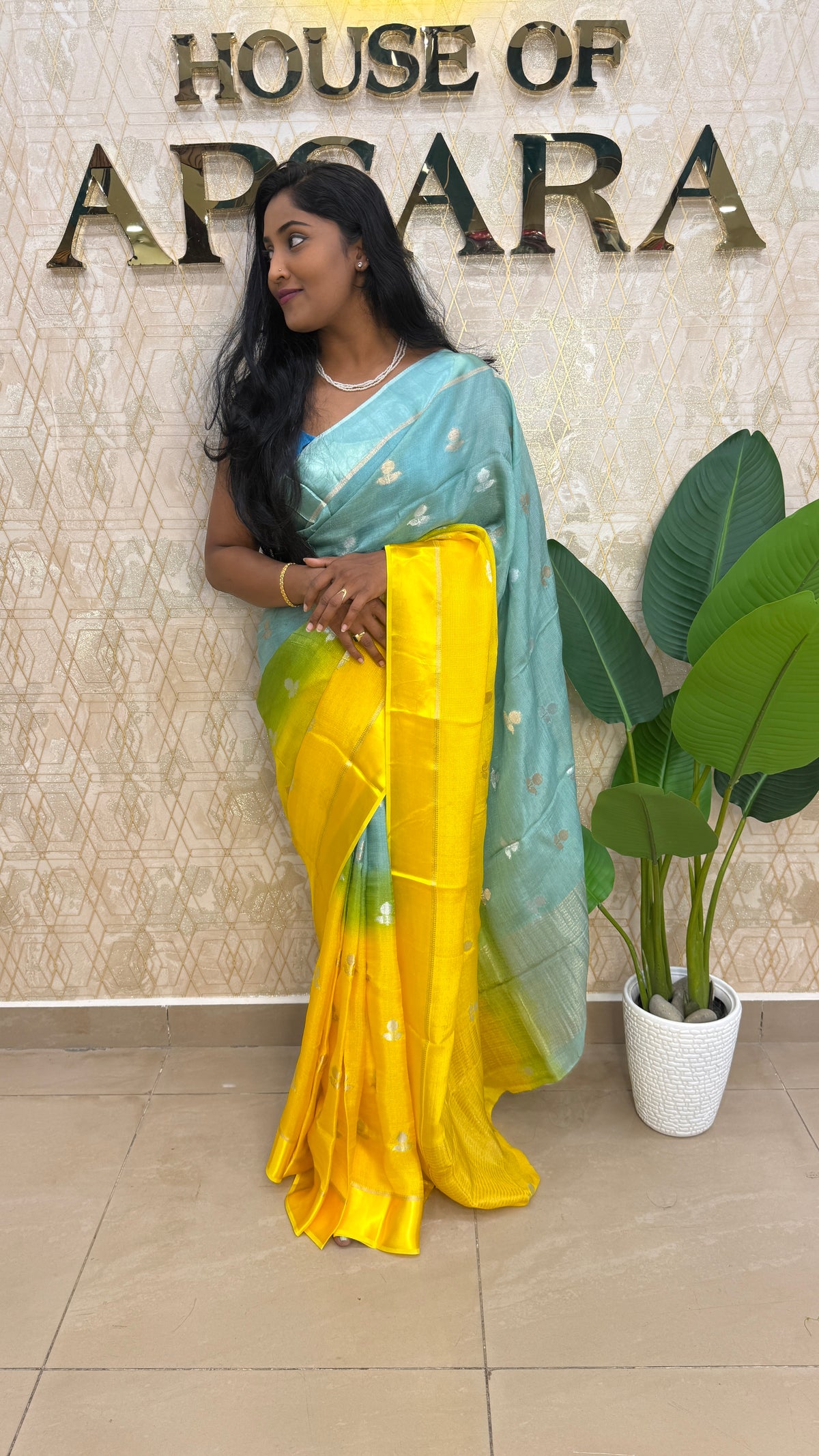 Blue n Yellow Jute Linen Saree
