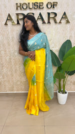 Blue n Yellow Jute Linen Saree