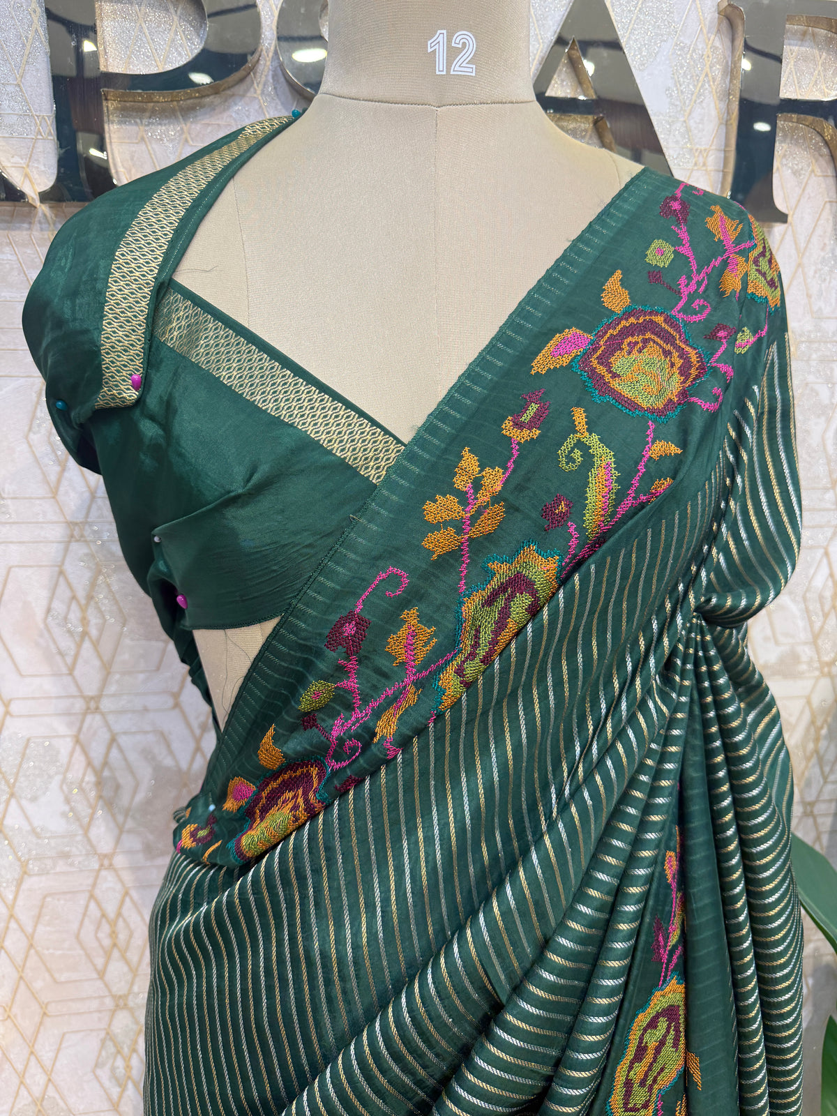 Green Crepe With Stripe Cross-stitch Embroidery Saree 207