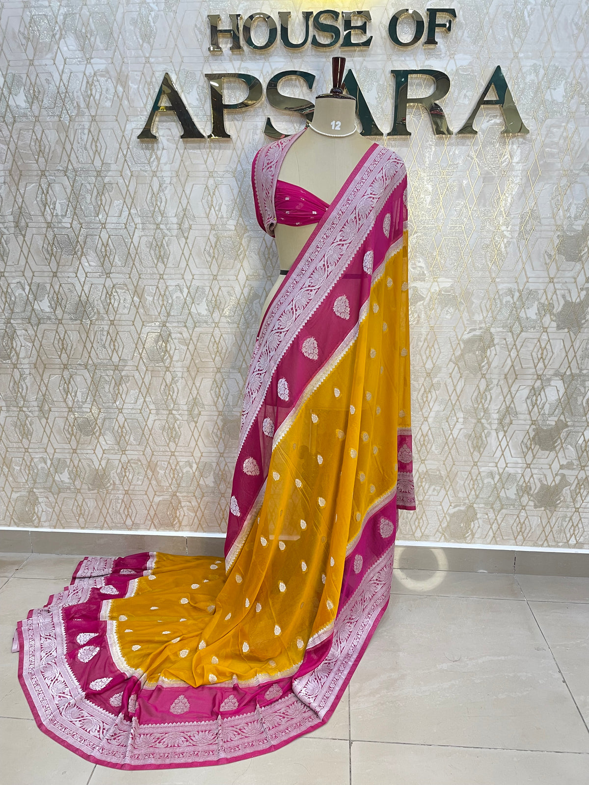 Yellow n Pink With Silver Zari Semi Chiffon
