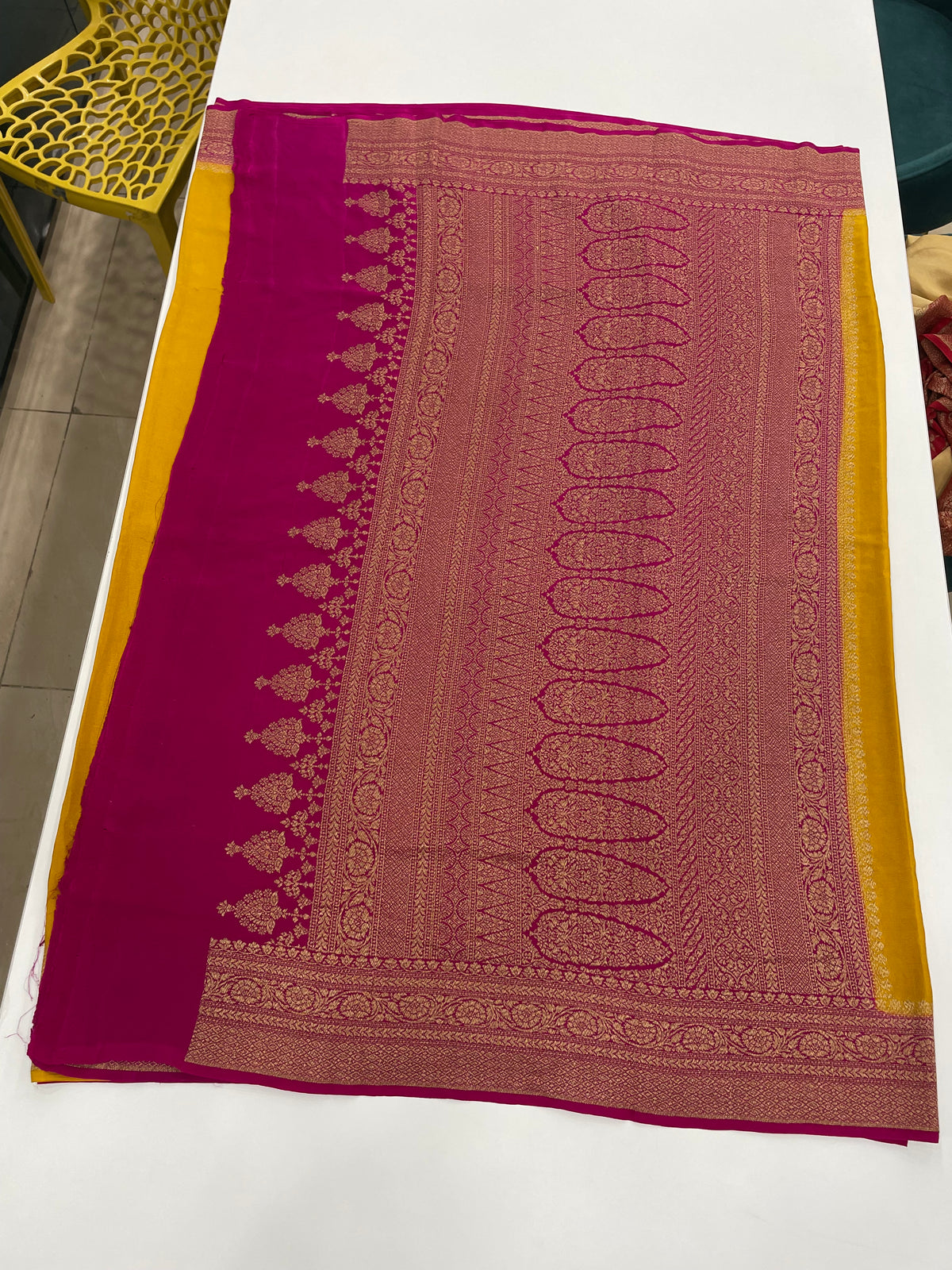 Yellow n Pink Pure Banarasi Crepe Saree 03