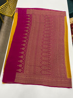 Yellow n Pink Pure Banarasi Crepe Saree 03