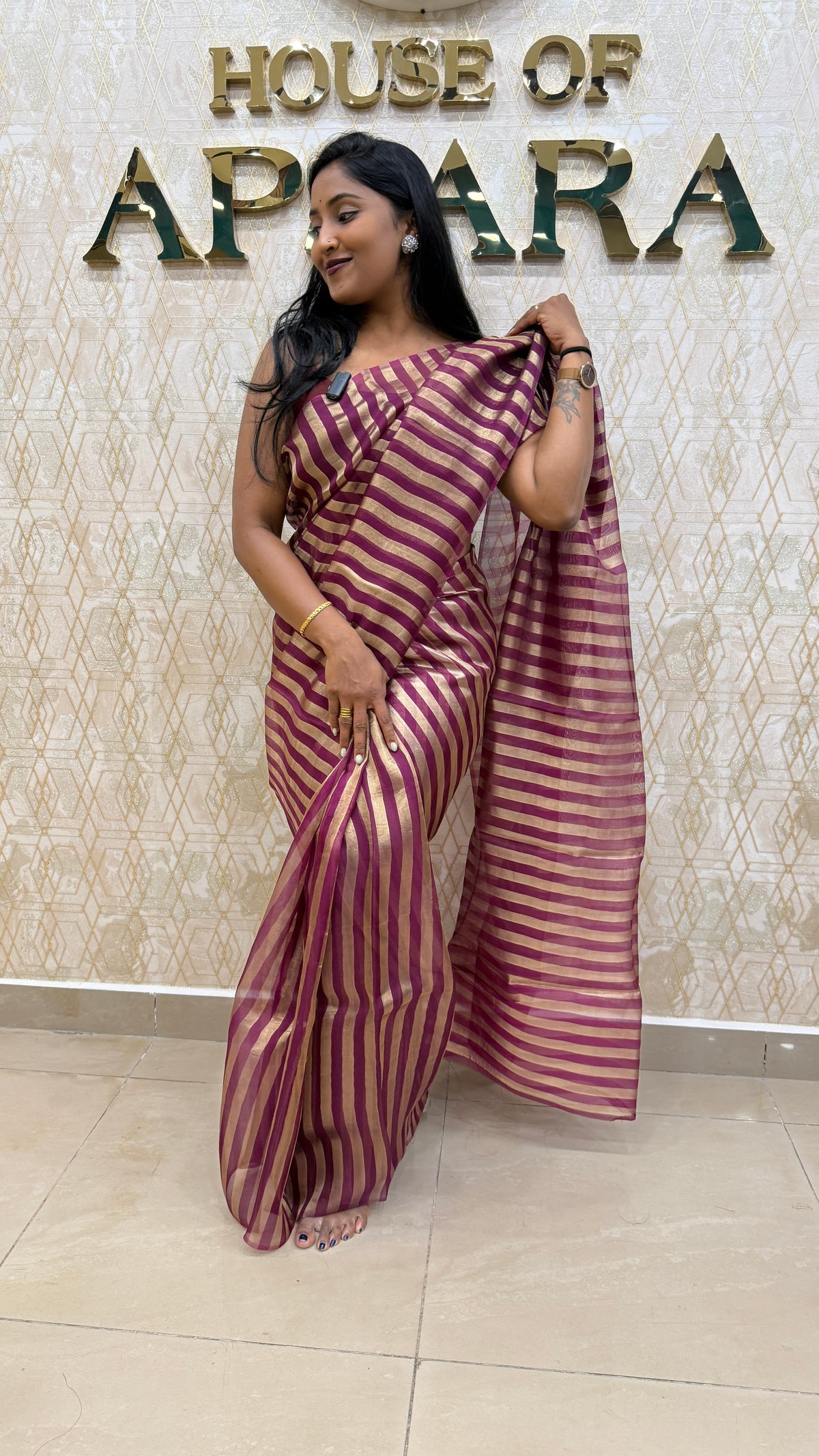 Maroon Pure Tissue Stripes Saree 11