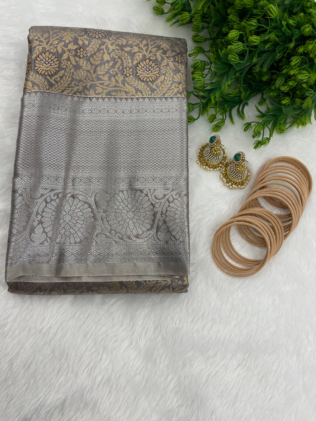 Gold n Grey Brocade Semi Kanchi Tissue Saree