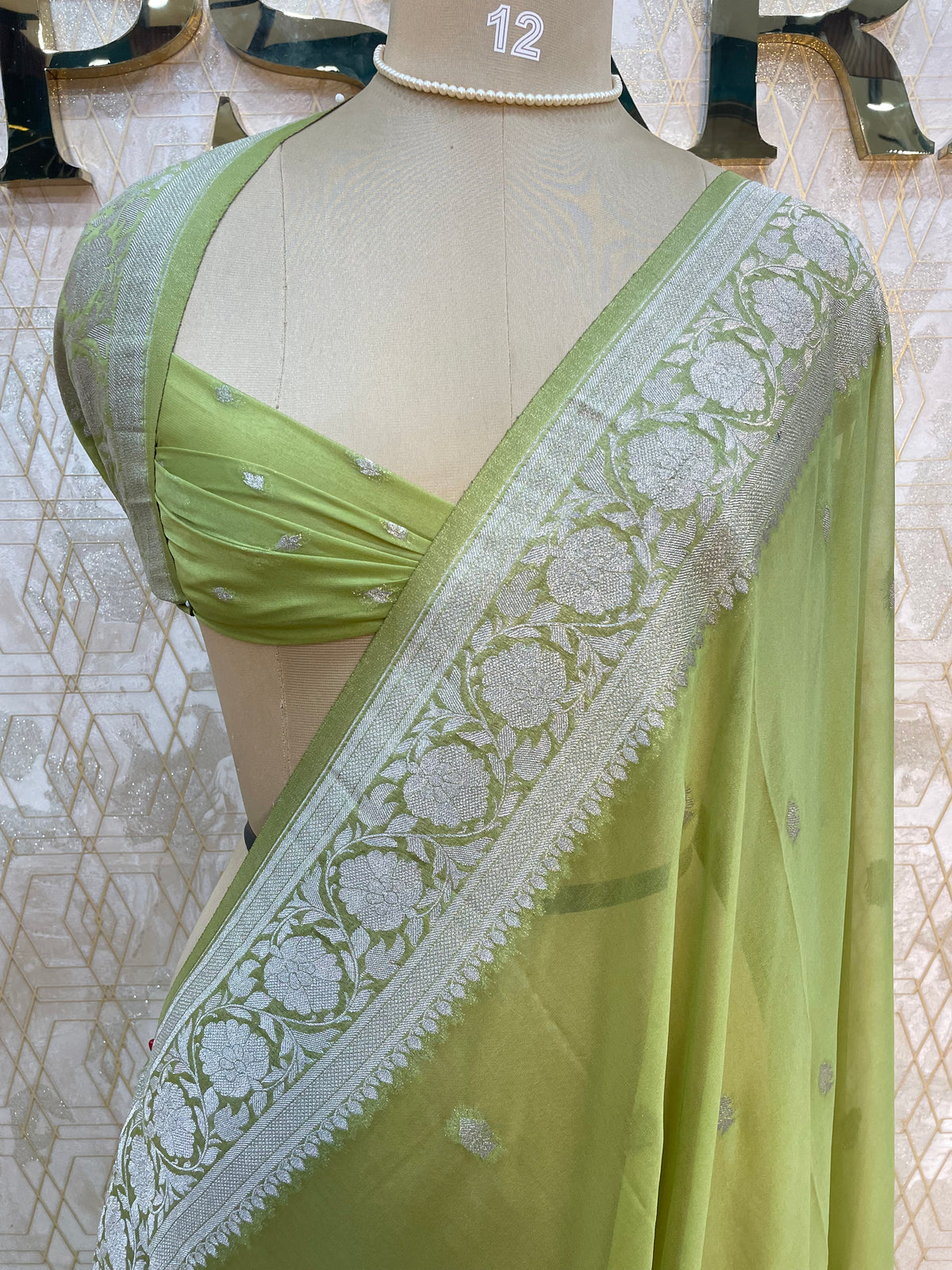 Pista Green With Silver Zari Semi Chiffon