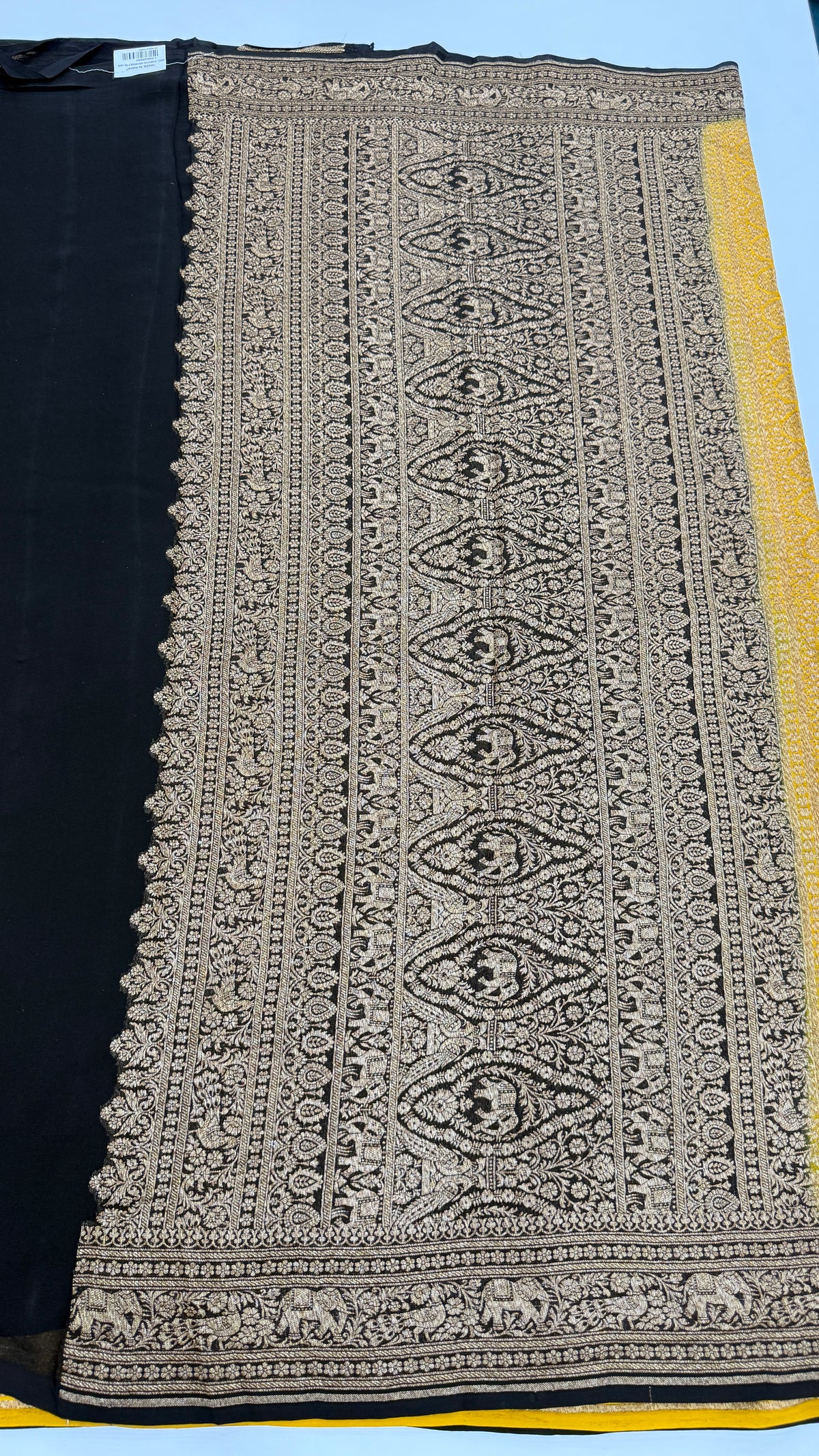 Yellow n Black Pure Khadi Georgette Saree 04