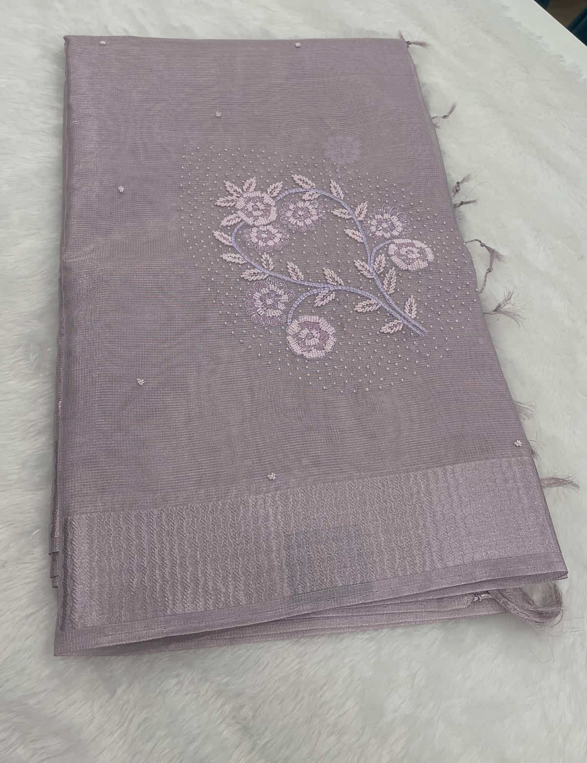 Baby Pink Designer Embroidery Work Tissue Saree 09