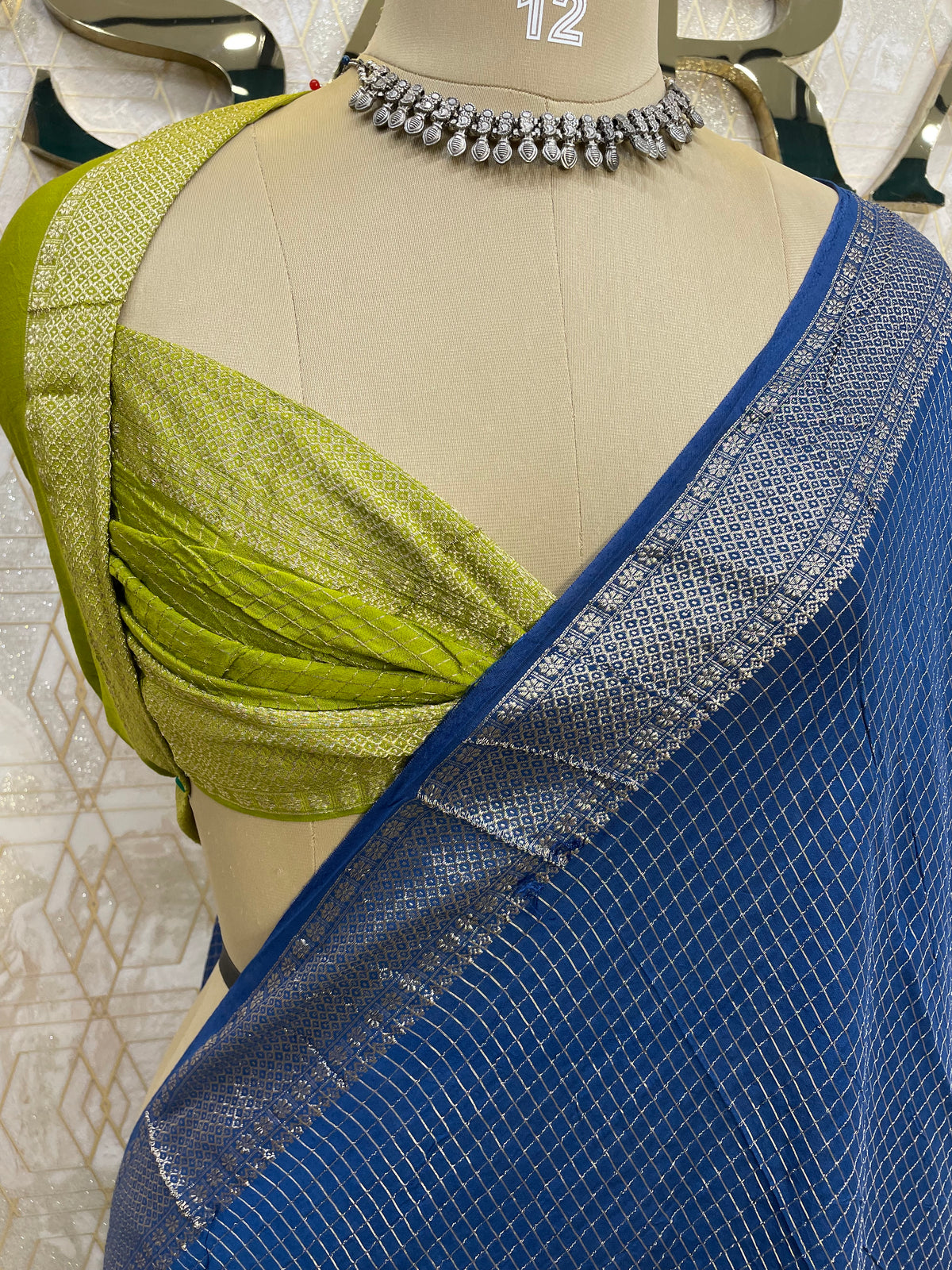 Blue n Green Checks Cotton Silk Saree 13