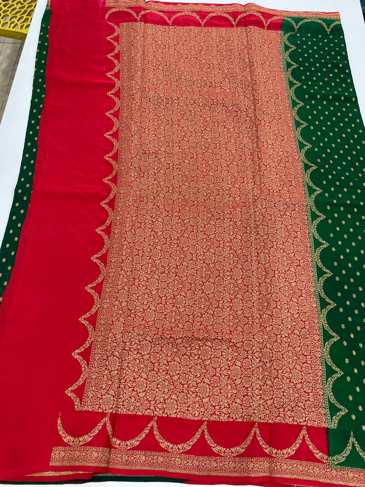 Green n Red Pure Banarasi Crepe Saree 03