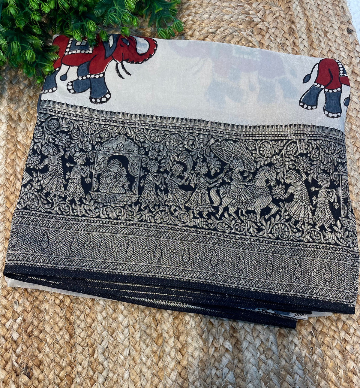 Cream n Red Dola Silk Ajrakh Print Saree 18