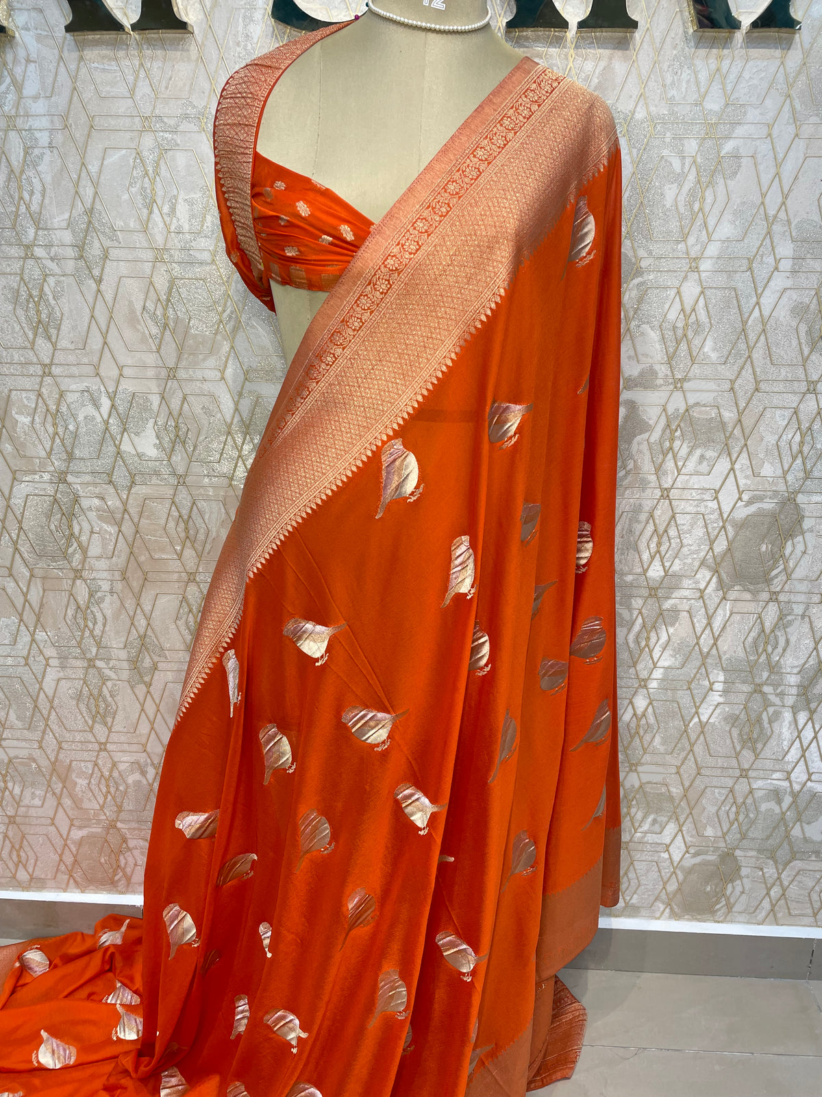 Orange Chinnon Crepe Sparrow Butta Saree 67