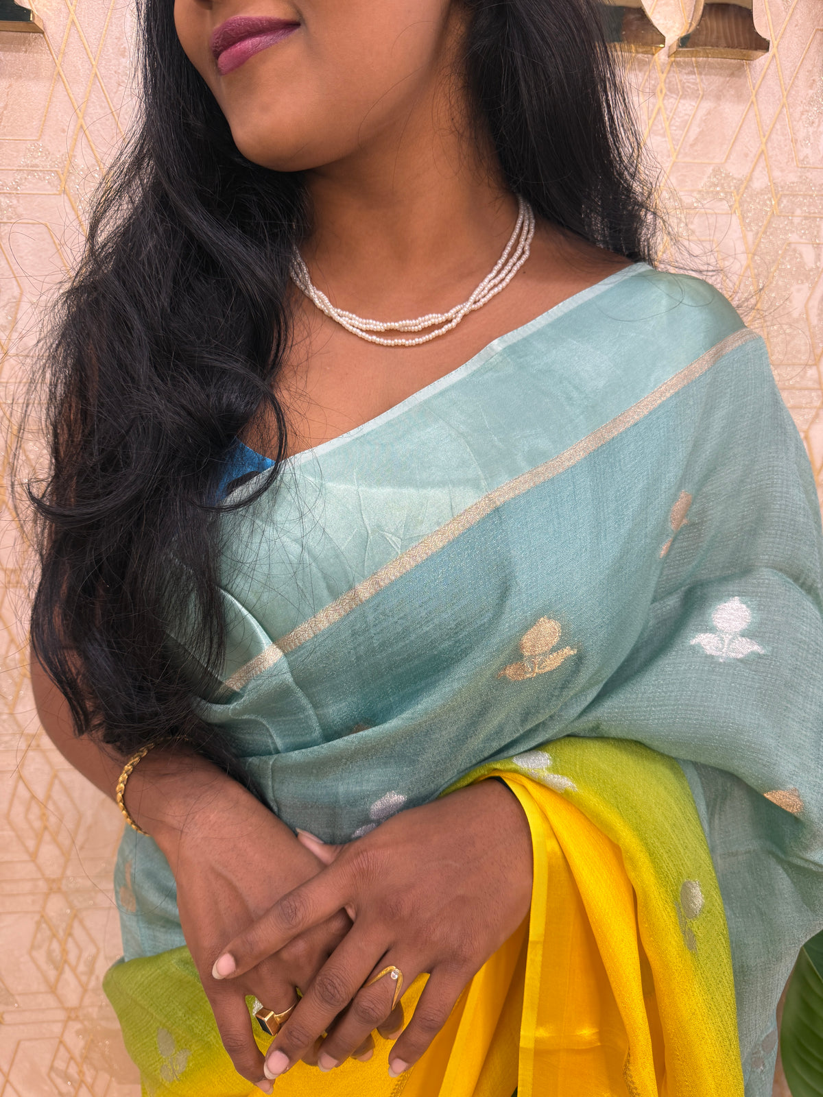 Blue n Yellow Jute Linen Saree