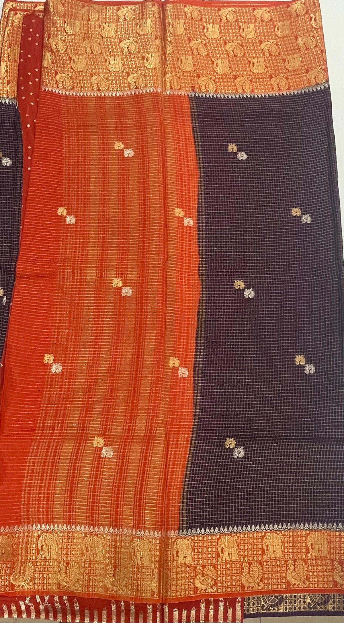 Purple n Orange Checks Cotton Silk Saree 13