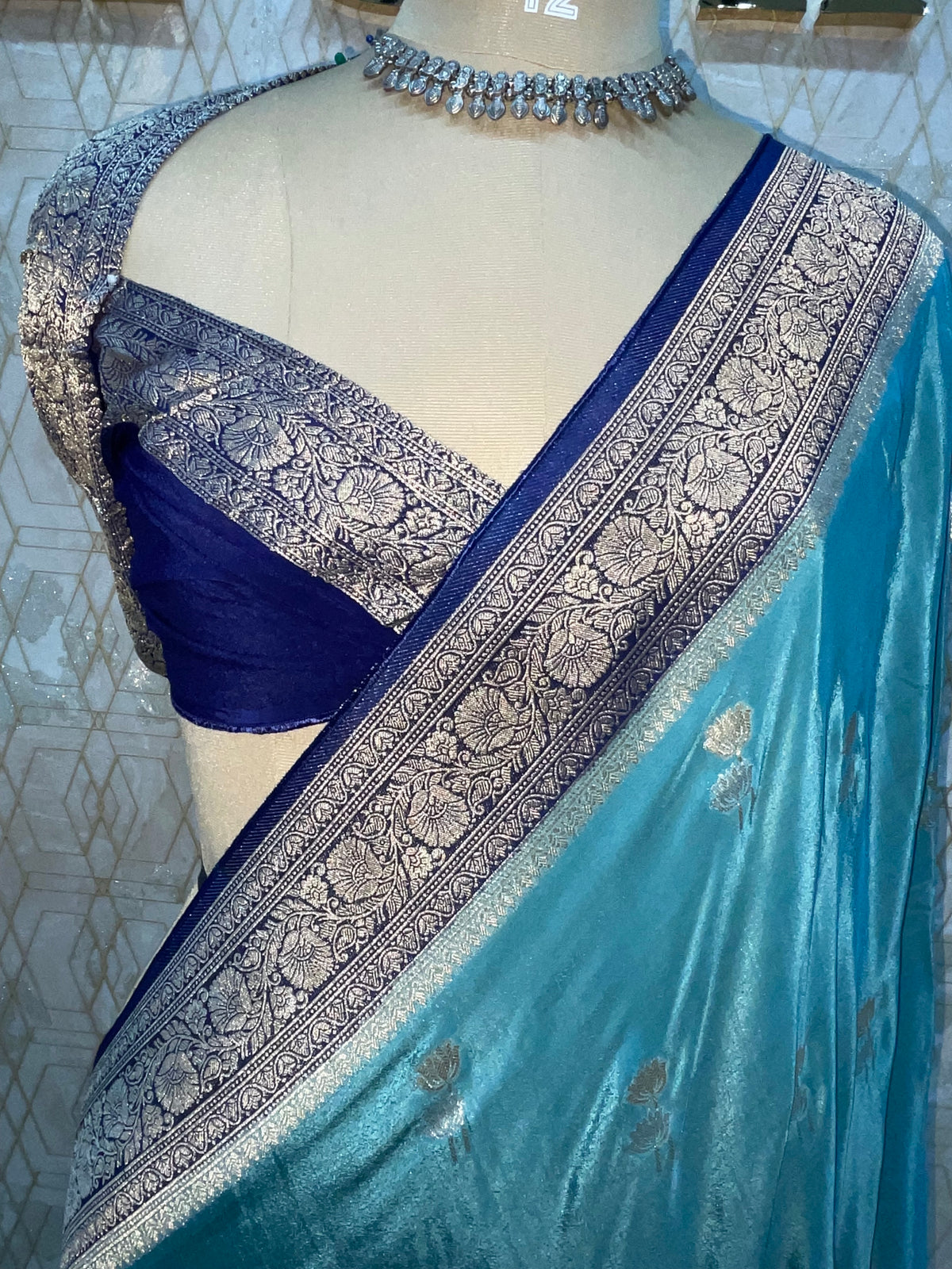 Sky Blue Chinon Banarasi Border Saree 24
