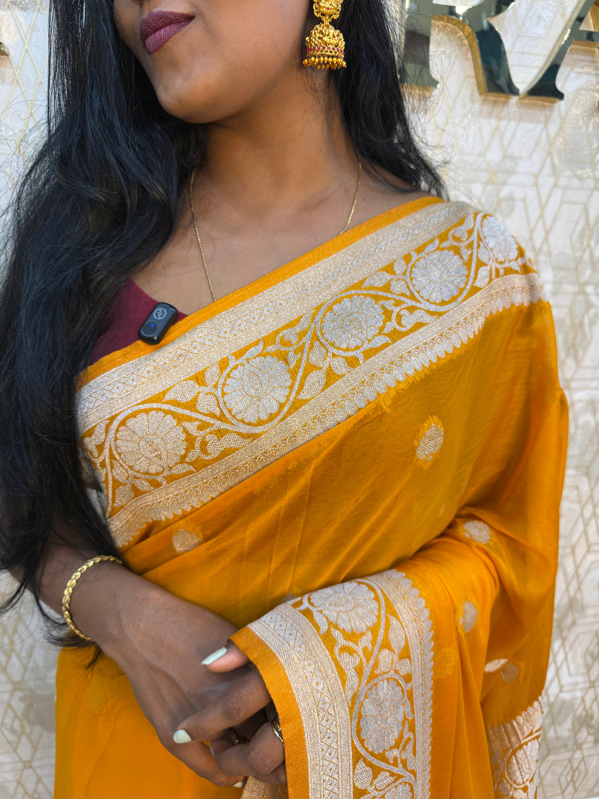 Yellow With Silver Zari Semi Chiffon