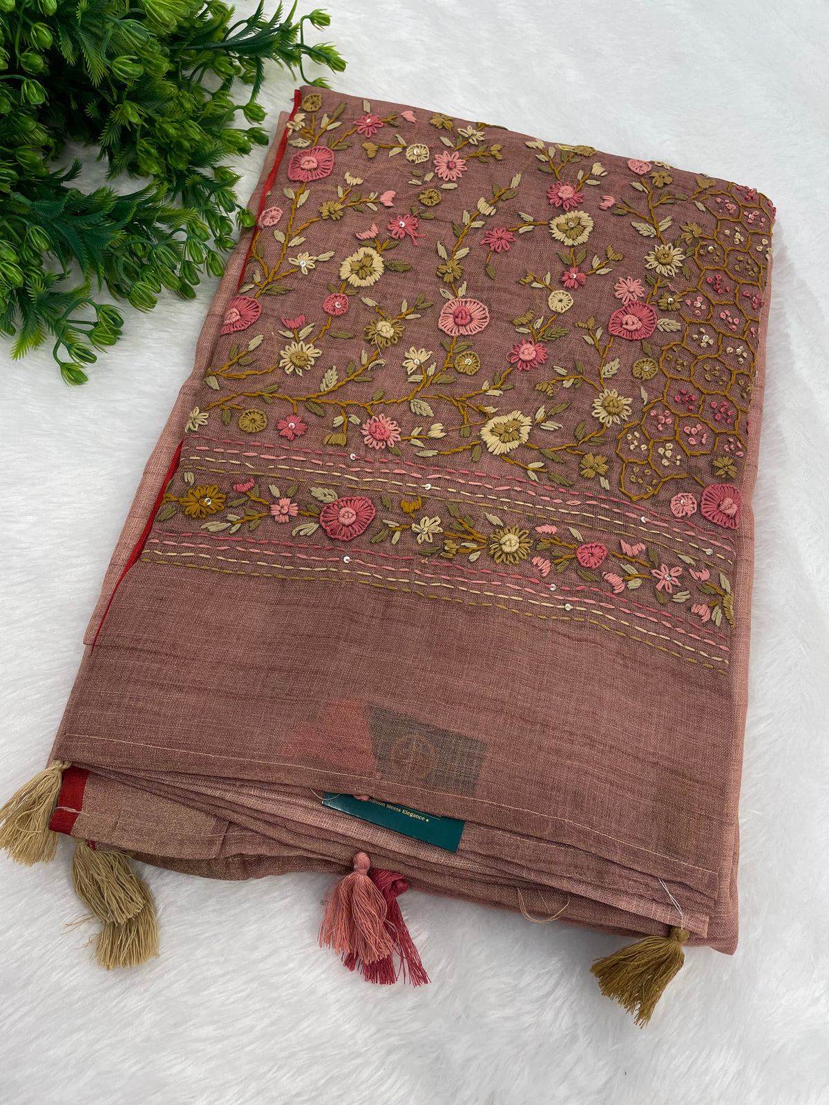 Brown Tissue Linen Knot Work Saree 12